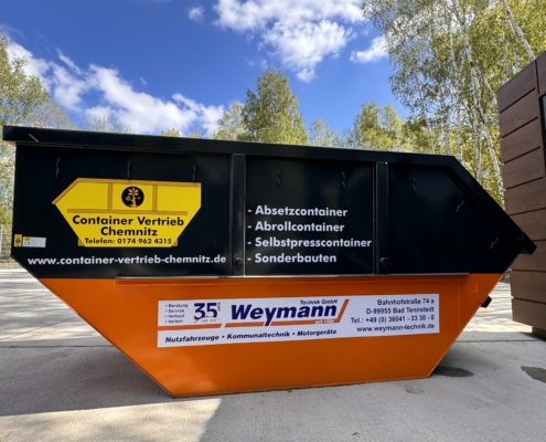 Absetzsetz-Container mit Werbeaufschrift, zweifarbig lackiert